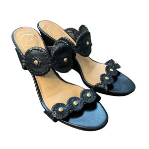 Jack Rogers Wedge Sandals Leather Flower Accents‎ Black Heels Size 11M